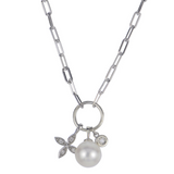 Sterling Silver Freshwater Pearl And Diamond Dangle Necklace