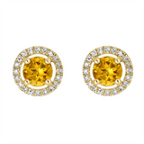 November Birthstone Earrings: 14K Yellow Gold Diamond Halo Citrine Earrings
