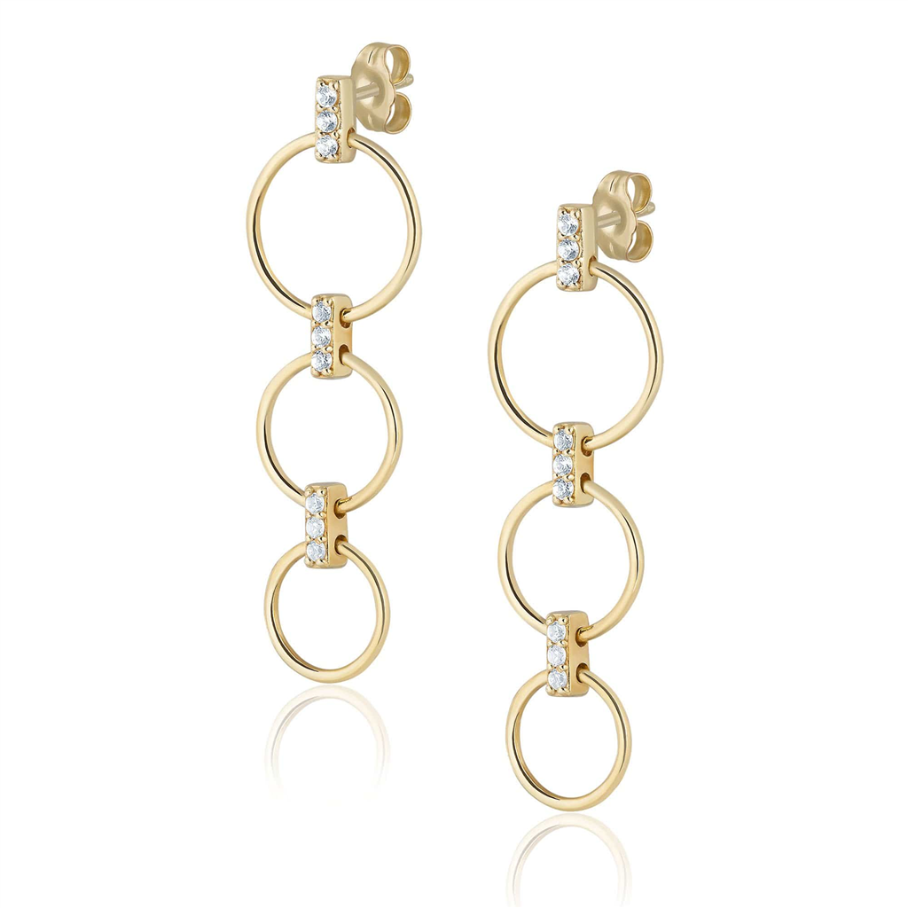 14K Yellow Gold Overlay White Zircon Pave Triple Ring Post Drop Earrings