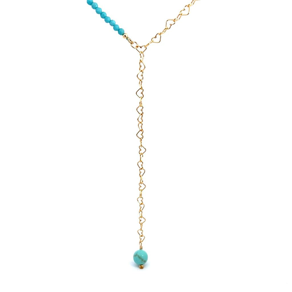 Yellow Gold Filled Lariat Necklace With 2mm Faceted Teal Magnesite And Heart Chain Link With 6mm Smooth Blue Howlite Drop