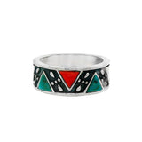 JT ESTATE Sterling Silver Triangular Cabochon Coral And Turquoise Wide Band