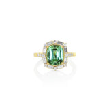 18K Yellow Gold Cushion Green Tourmaline Milgrain Halo Ring