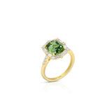 18K Yellow Gold Cushion Green Tourmaline Milgrain Halo Ring