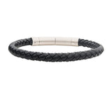 Stainless Steel Black Genuine Full Grain Cowhide Leather with Brushed Tubular Press Clasp Bracelet