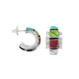 JT ESTATE Sterling Silver Geometric Multi-Colored Stone Inlay Small Hoops