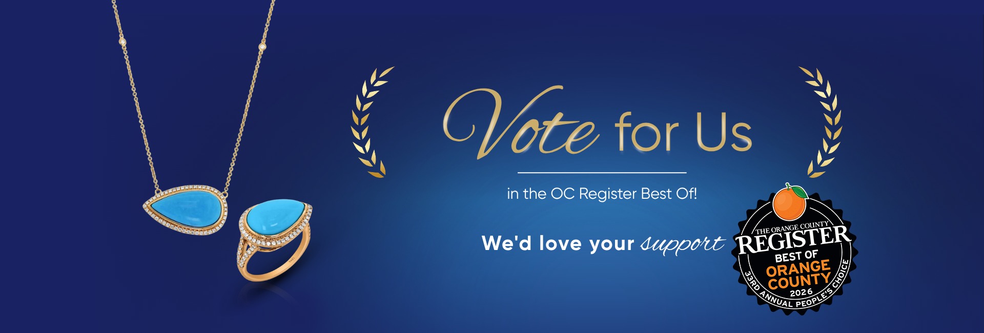Jewelry set with necklace and ring on a blue background, featuring text to vote for Jeweler's Touch in the OC Register's Best of Orange County 2026