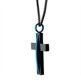 Matte Black IP With Thin Blue Line Pendant Necklace
