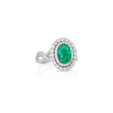 18K White And Rose Gold Oval Emerald Double Halo Ring