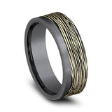 Darkened Tantalum And 14K Yellow Gold ‘The Aspen’ Horizontal Bark Pattern 7mm Wedding Band
