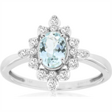 14K White Gold Oval Aquamarine And Diamond Halo Ring