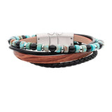 Brown And Black Full Grain Cowhide Leather with Black Onyx And Green Emperor Stone Bead Multi-Strand Bracelet