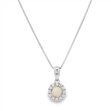 October Birthstone Pendant: Sterling Silver Lab Grown Opal Halo Pendant Necklace