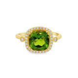 14K Yellow Gold Cushion Peridot Halo Ring
