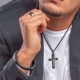Stainless Steel Meteorite Inlay Cross Pendant Necklace