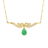 JT ESTATE 21K Yellow Gold Pear Cabochon Emerald And Diamond Vintage Drop Necklace