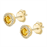 November Birthstone Earrings: 14K Yellow Gold Diamond Halo Citrine Earrings