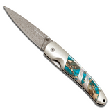 Damascus Steel Liner Lock Pocket Knife With Blue Turquoise Handle