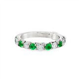 14K White Gold Round Emeralds And Diamond Band Ring