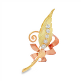JT ESTATE 14K Yellow And Rose Gold Diamond Feather And Ribbon Brooch