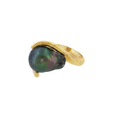 JT ESTATE 14K Yellow Gold Baroque Black Pearl Bypass Ring