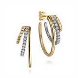 14K White And Yellow Gold Medium 30Mm Prong Set Diamond Three Row J Hoop Earrings