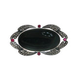 JT ESTATE Sterling Silver Onyx Ruby And Marcasite Brooch