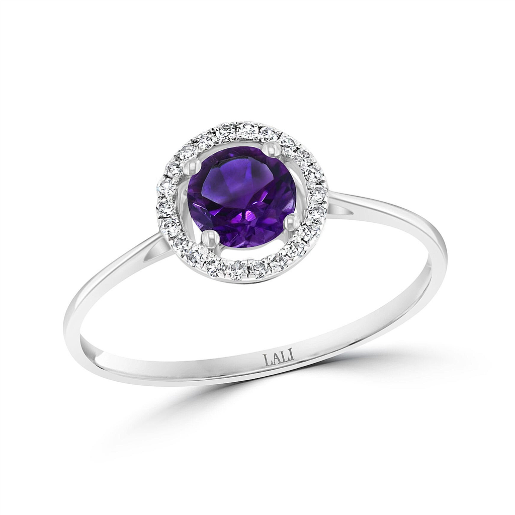 February Birthstone Rings: 14K White Gold Diamond And Amethyst Halo Ring