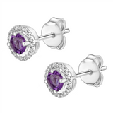 February Birthstone Earrings: 14K White Gold Diamond Halo Amethyst Earrings
