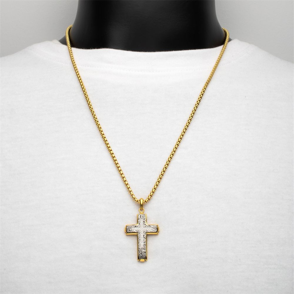 18K Yellow Gold IP Steel Zebra Lab Grown Diamond Cross Pendant