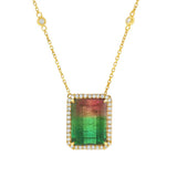 18K Yellow Gold Watermelon Tourmaline Halo Necklace