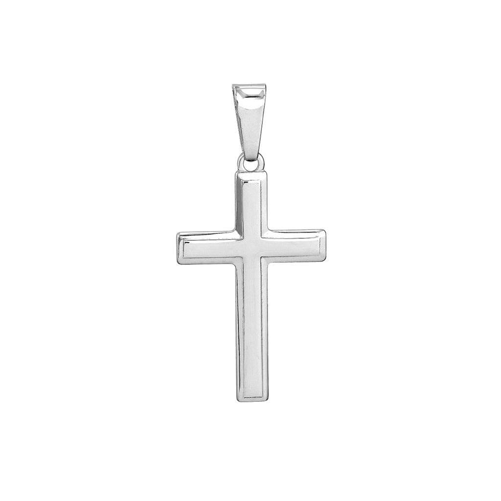 A sterling silver cross pendant on a white background.