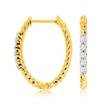 14K Yellow And White Gold 20Mm Oval Contemporary Natural Diamonds Hoop Earrings