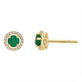 May Birthstone Earrings: 14K Yellow Gold Diamond And Emerald Halo Earrings
