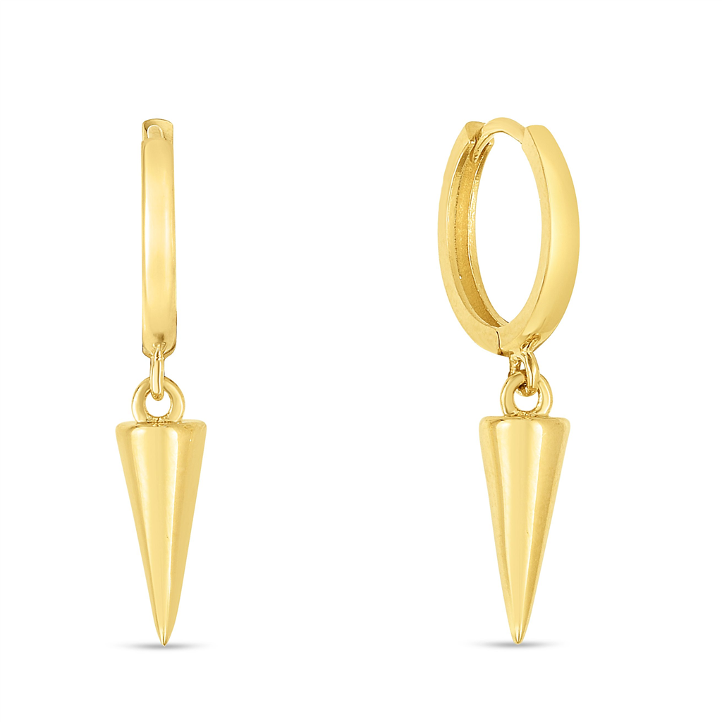 A pair of yellow gold spike hoop earrings.