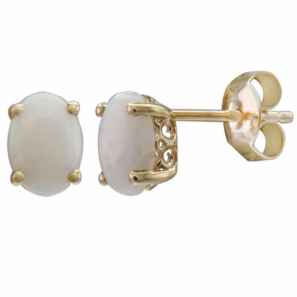 October Birthstone Earrings: 14K Yellow Gold Oval Opal Stud Earrings - Jewelers Touch