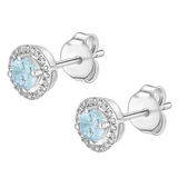 March Birthstone Earrings: 14K White Gold Diamond Halo Aquamarine Earrings