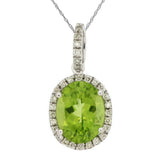 14K White Gold Oval Peridot And Diamond Halo Pendant