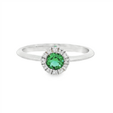 May Birthstone Ring: Sterling Silver Lab Grown Emerald Halo Ring