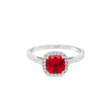 July Birthstone Sterling Silver Checkerboard Cushion Created Ruby Halo Ring