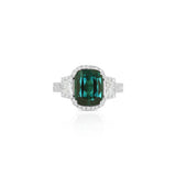 18K White Gold Cushion Indicolite Tourmaline Three Stone Halo Ring