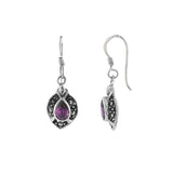 JT ESTATE Sterling Silver Pear Amethyst And Marcasite Dangle Earrings