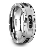 Tungsten ‘Valor’ 8mm Silver Inlay With Black Diamonds Grooved Wedding Band