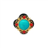 JT ESTATE 14K Yellow Gold Clover Onyx Turquoise Coral Milgrain Ring