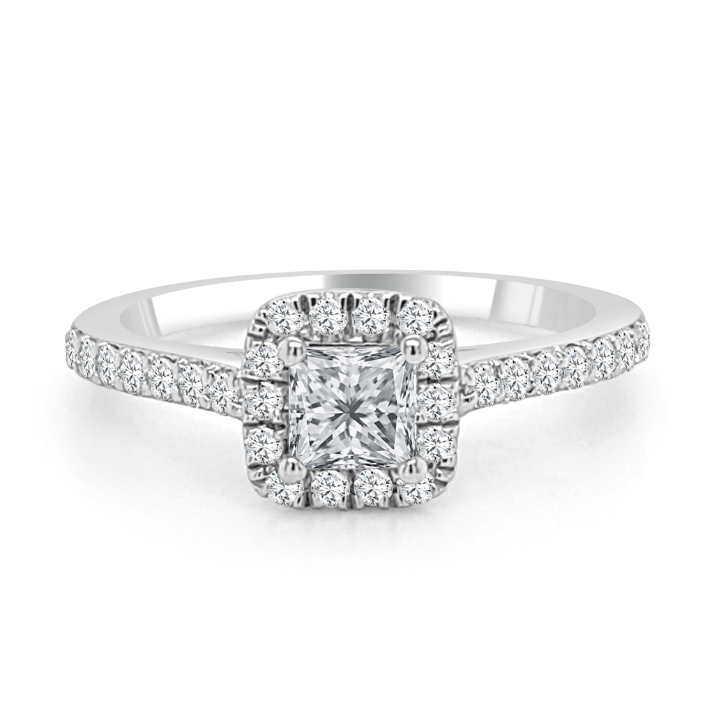 14K White Gold Classic Halo Diamond Engagement Ring With Princess Center Diamond Included - Jewelers Touch
