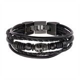 Multi Black Leather And Black Skull Beads Bracelet