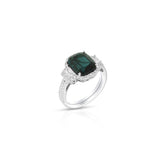 18K White Gold Cushion Indicolite Tourmaline Three Stone Halo Ring