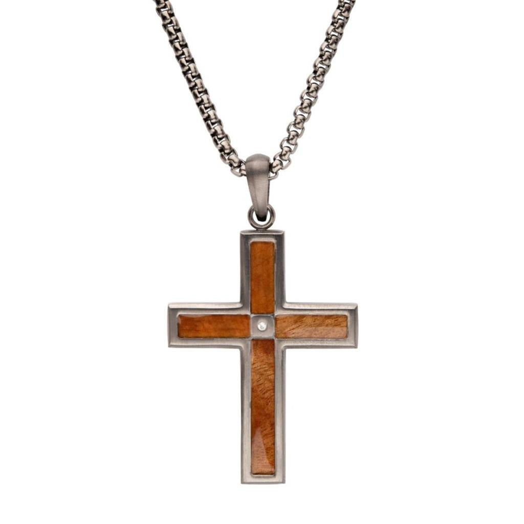 Gun Metal IP Steel Matte Finish Whiskey Barrel Wood Inlay Cross Pendan ...