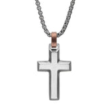 Matte Finish Steel Beveled Cross Pendant With Brown Bail