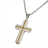 18K Yellow Gold IP Stainless Steel With Gold Rope Inlay Two-Tone Cross Pendant