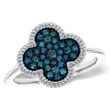 14K White Gold Clover Blue Natural Diamonds Ring